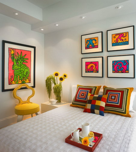 Attractive-and-Colorful-Wall-Art-Pictures-with-Corner-Side-Table-in-Contemporary-Bedroom-Interior-Design-Ideas