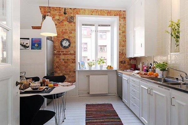 Bare Brick Wall Simple Chandelier Swedish Kitchen Design Ideas with White Cabinet