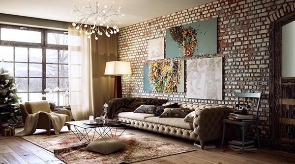 Country Inspired Living room with brick wall
