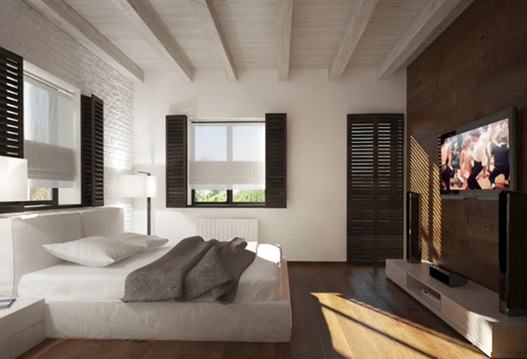 Minimalistic and Modern Bedroom with White Roof Beams