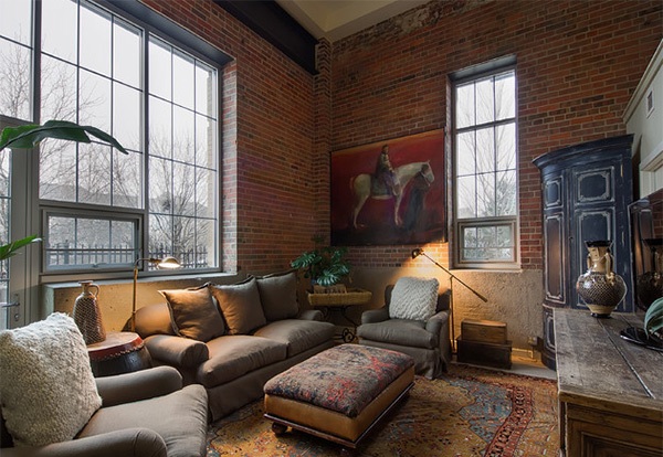 Traditional Living Room wtih Brick Wall Design
