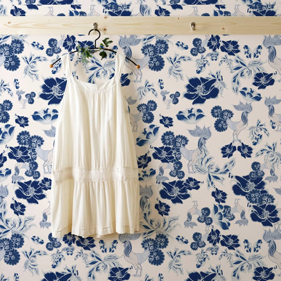 Blue Floral Living Room Wallpaper Design