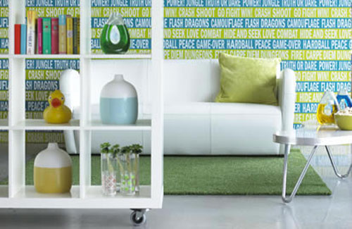 Green and White Living Room  Wallpaper Design