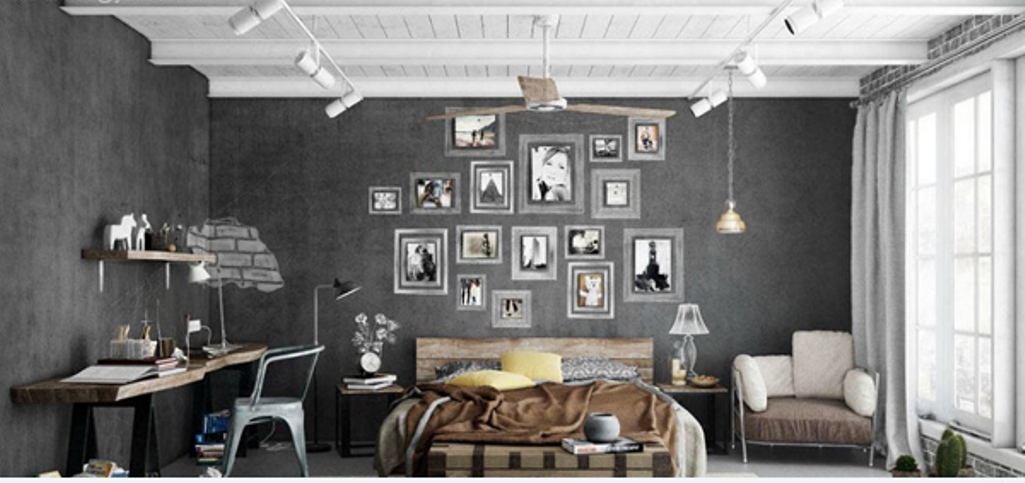 Urban Bedroom with grey walls and collage artworks