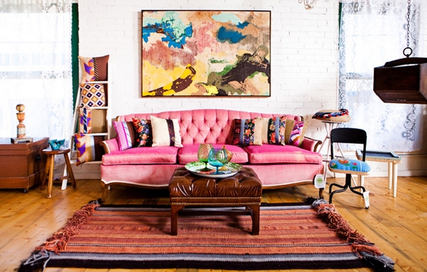 1. Bohemian Living Room with Pink Sofa
