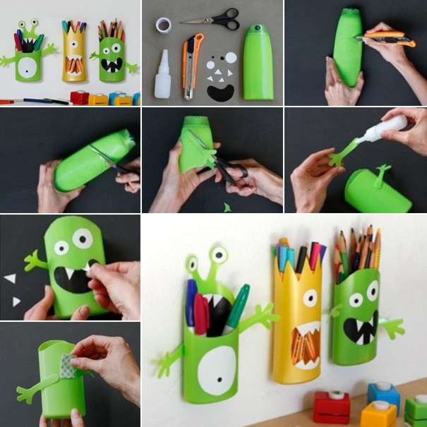 Monster Pen Organizers Made from Shampoo Bottles