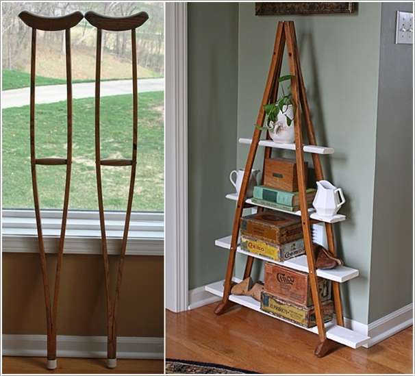 Old Wooden Crutches Get A New Life As A Bookshelf