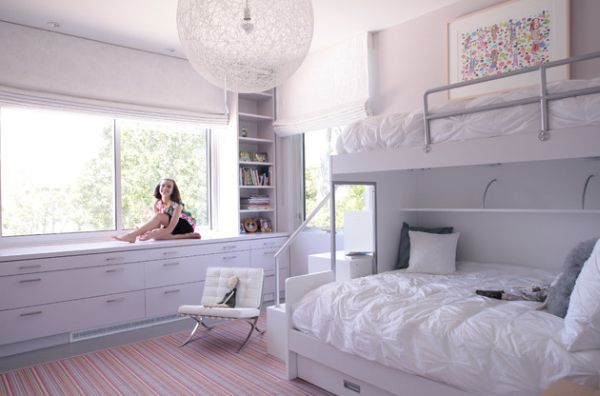 Contemporary-girls-bedroom-in-white-with-plush-bunk-beds