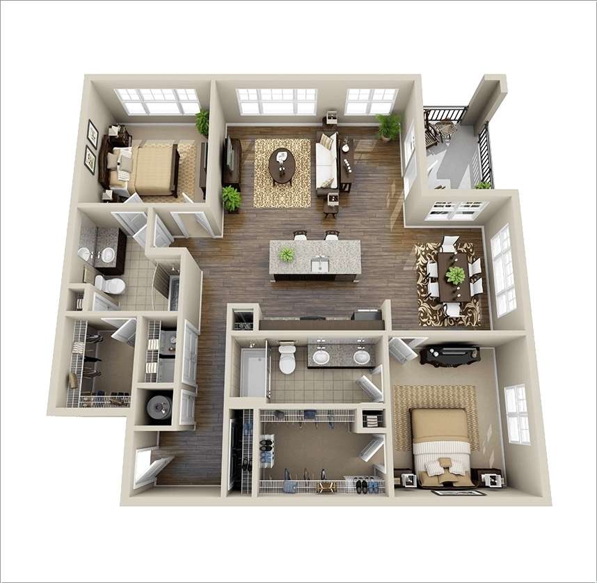 10 Awesome Two Bedroom Apartment 3D Floor Plans