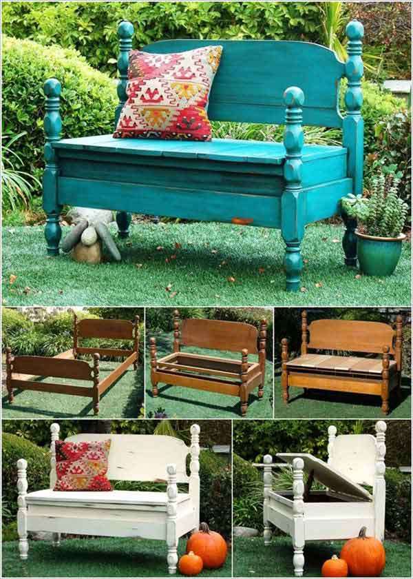 Old beds turn into outdoor benches.