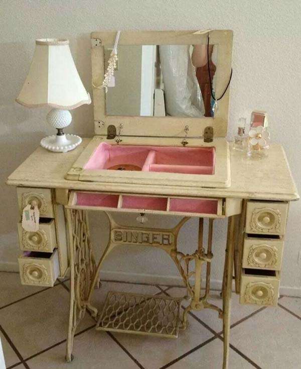 Sewing machine cabinet  repurposed into dressing table vanity from
