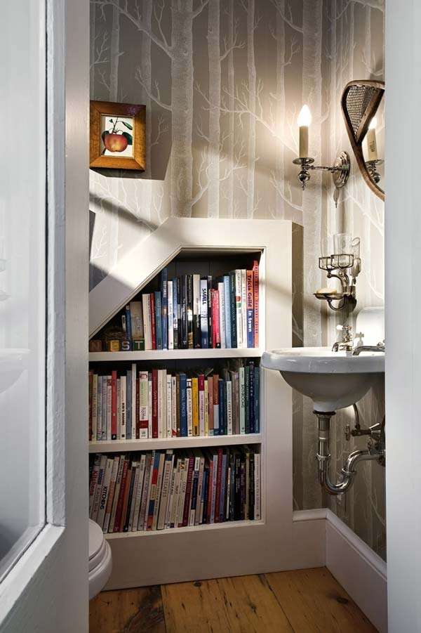 built-in bookcase in bathroom