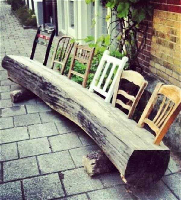 .Recycle old chair backs into a log bench