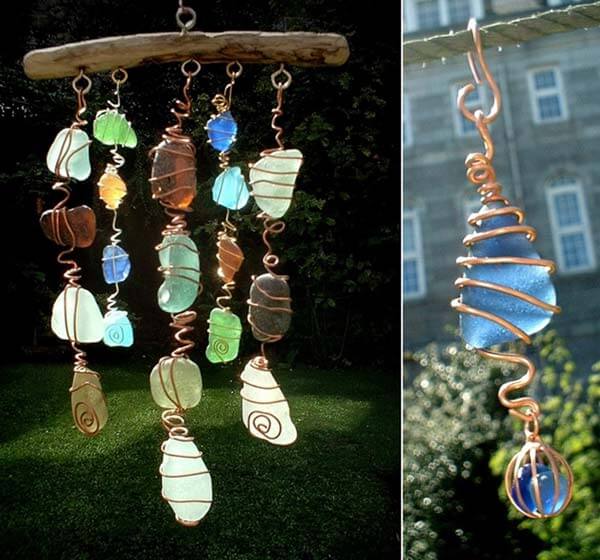 Sea Glass, Wire and Wood Sun Catcher