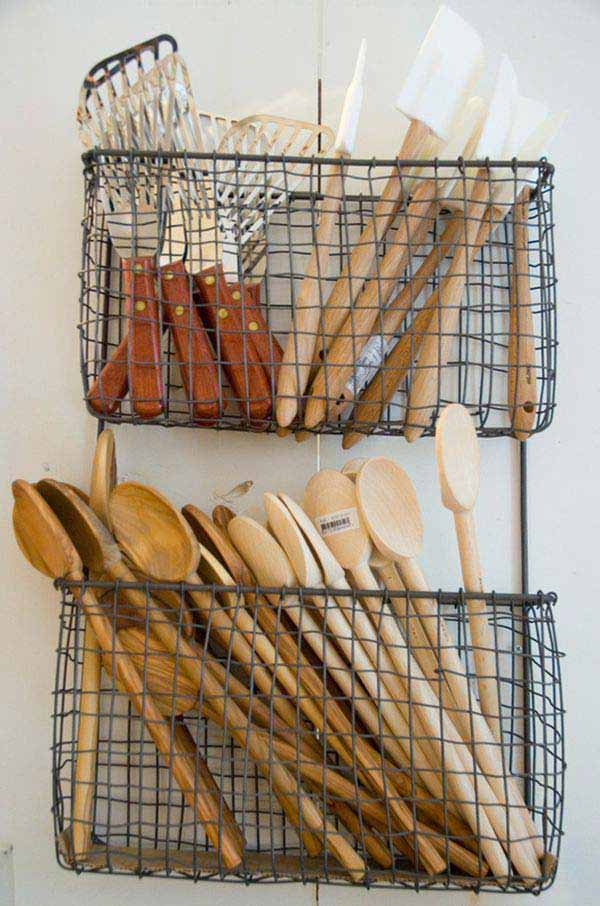 wooden spoons and kitchen utensils in baskets