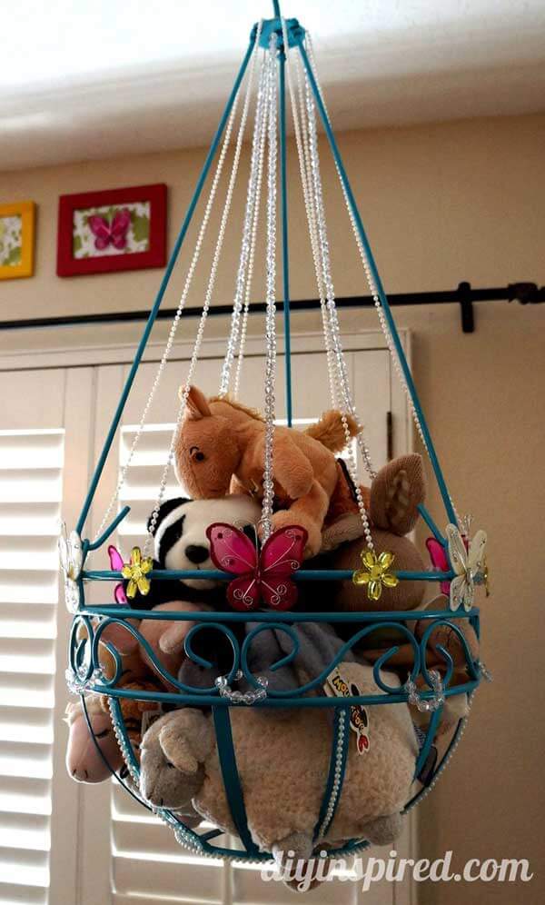 Garden hanging planter turned into stuffed animal storage