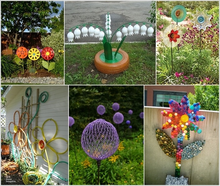 10 Creative Flower Crafts for Garden Made from Recycled Materials a