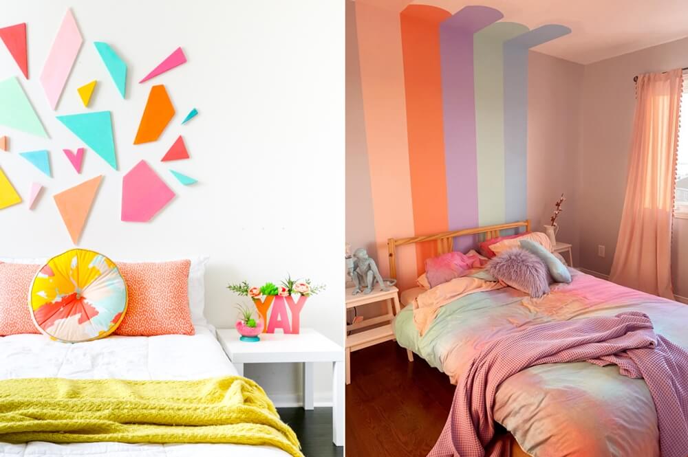 Färgglada väggdekorationer i sovrummet 