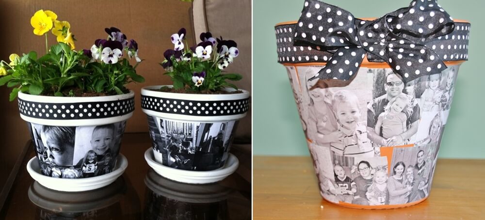 Terracotta pots decorated with black and white pictures and ribbons 