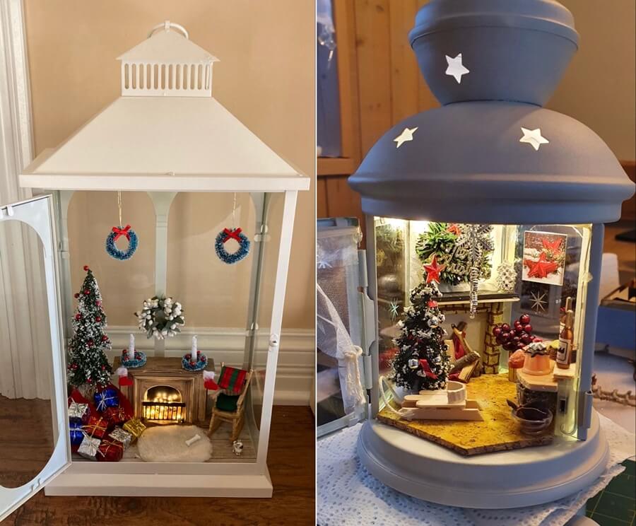Peças em miniatura com tema natalino dentro das lanternas