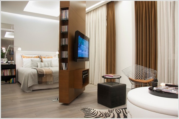 A Rotating Room Divider that also Serves as a Bookcase and TV Shelf