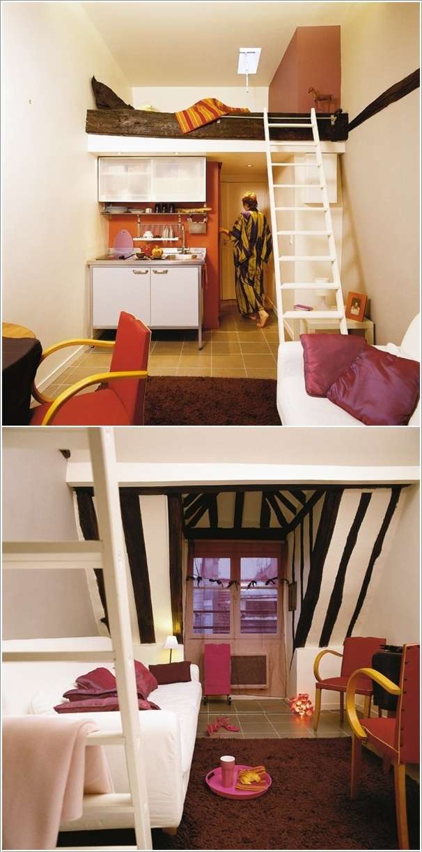 A Tiny Space Designed with a Loft Bed, Kitchen, Living Room and Bathroom