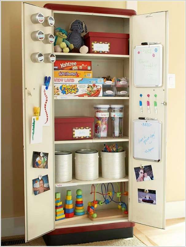 A Closet with Toys, Craft Supplies, Storage Containers and White Boards