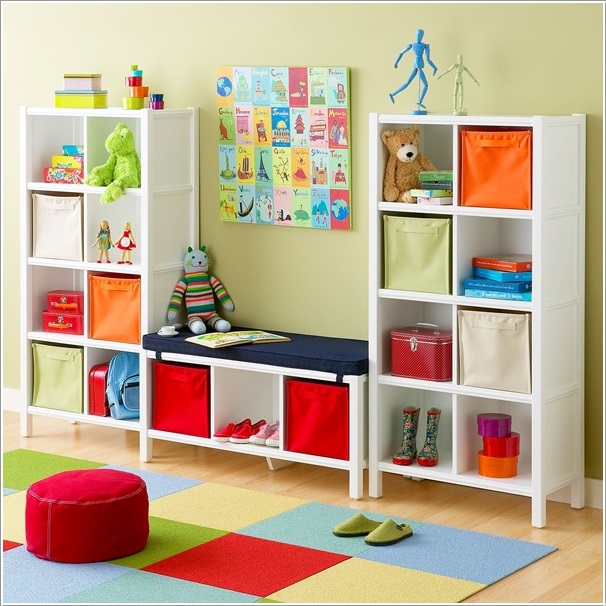 A Bookcase with a Bench and Fabric Bins for Hidden Storage
