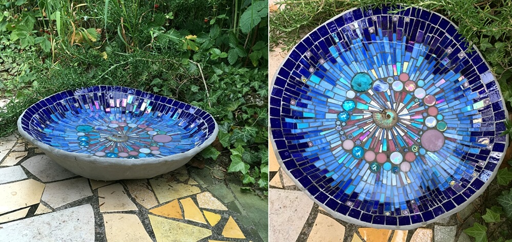Decorate The Inner Surface of a Basin with Mosaic Tiles and Marbles for Making a Birdbath
