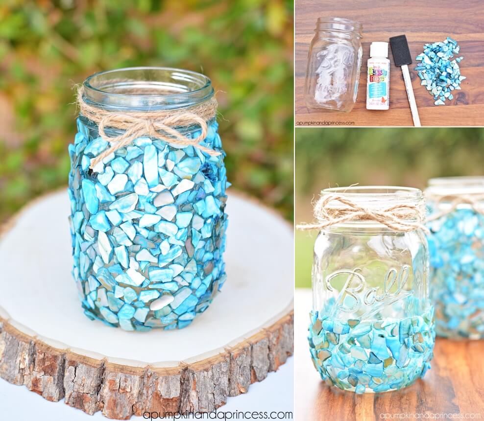 Decoupage Broken Seashells or Aqua Vase Filler Rocks to a Mason Jar for Making a Beach Inspired Vase
