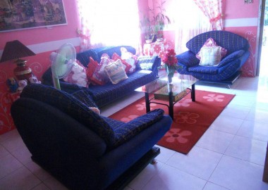 living room with red sofa