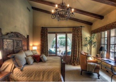 Classy Bedroom with Bold Exposed Roof Beams