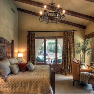 Classy Bedroom with Bold Exposed Roof Beams