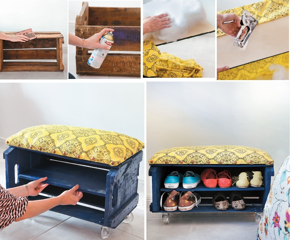 Make your own shoe bench from a fruit crate